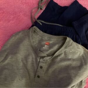 HANES MENS 3X PAJAMAS BLUE DRW STRING PANTS WITH GRAY LONG SLEEVE 3 BUTTON SHIRT